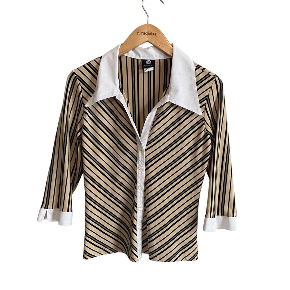 Anxiety Y2k 3/4 Sleeve Tan Black Stripe Office Siren Collared Shirt Size Large